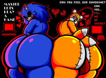 anthro big_butt blue_body blue_fur bulge butt clothing duo fur huge_butt looking_at_viewer looking_back male male/male multi_tail presenting presenting_hindquarters red_eyes simple_background tail text thick_thighs underwear gayguyfella creepypasta sega sonic.exe_(creepypasta) sonic_the_hedgehog_(series) 2011_x sonic.exe sonic_the_hedgehog tails_doll animate_inanimate canid canine eulipotyphlan fox hedgehog mammal digital_media_(artwork) english_text