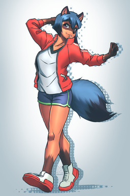 anthro bottomwear clothing female footwear jacket plantigrade shoes shorts solo topwear track_jacket mykegreywolf brand_new_animal netflix studio_trigger michiru_kagemori canid canine mammal raccoon_dog tanuki 2022 2:3 absurd_res hi_res