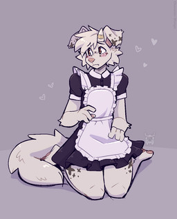 4_fingers anthro black_eyebrows blush cheek_tuft clothed clothing crossdressing eyebrows facial_tuft fingers floppy_ears freckled_face freckles fur grey_body grey_fur hair horn kneeling looking_away maid_apron maid_uniform male pawpads pink_nose pink_pawpads red_eyes short_hair simple_background solo tuft uniform fleurfurr canid canine canis domestic_dog mammal 2023 cel_shading colored colored_sketch digital_drawing_(artwork) digital_media_(artwork) hi_res shaded sketch
