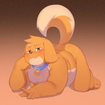 1:1 absurd_res all_fours anthro big_butt blush brown_body brown_fur butt canid canine canis collar curled_tail domestic_dog floppy_ears fur hi_res male mammal moobs nipples nude overweight solo tail tollid
