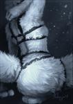 anthro bondage_gear fluffy fluffy_tail fur grey_background harness light simple_background solo tail three-quarter_view white_body white_fur medaya ambiguous_species 2018 lighting