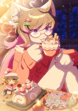 accessory anthro biped black_hair candy christmas_clothing christmas_decorations christmas_headwear claws clothed clothing container cup dessert eyebrows eyewear female food fur furniture glasses hair hair_accessory hairclip hat headgear headwear holding_container holding_cup holding_mug holding_object holidays inner_ear_fluff inside kemono long_hair mug night pink_nose plushie red_clothing santa_hat solo table tongue tongue_out tuft wearing_glasses white_body white_fur sunnynoga christmas chibs_(myaoduixa) domestic_cat felid feline felis mammal 2025 hi_res