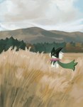 ambiguous_gender anthro cloud cloudy_sky field forest fur green_body green_fur green_hair hair mountain pink_eyes plant sky solo tree spacecrow63 nintendo pokemon felid feline generation_9_pokemon mammal meowscarada pokemon_(species) 2025 hi_res