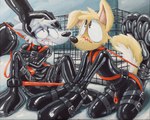 anthro bdsm belt belt_buckle blush blush_lines bondage bound buckle bulge cage claws clothing collar cross-eyed duo fur genitals glistening glistening_body glistening_eyes gloves grey_body grey_fur half-closed_eyes handwear harness head_grab latex latex_clothing latex_gloves latex_handwear latex_skinsuit leash leash_pull leg_spreader legs_tied liminal_spaces male male/male narrowed_eyes null_symbol painting penis penis_under_clothes petplay purple_eyelids restraints roleplay simple_background skinsuit spread_legs spreader_bar spreading straitjacket struggling submissive tight_clothing toony white_body white_fur yellow_body yellow_fur bunnymutt canid canine canis domestic_dog mammal absurd_res acrylic_painting_(artwork) hi_res painting_(artwork) traditional_media_(artwork) traditional_painting_(artwork)