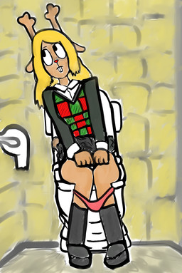 anthro bathroom blonde_hair boots bottomwear clothed clothing clothing_lift female footwear hair horn panties panties_down partially_clothed pink_clothing pink_panties pink_underwear public_restroom restroom_stall shoes sitting sitting_on_toilet skirt skirt_lift solo teeth_showing toilet toilet_paper toilet_use underwear underwear_down noli_(artist) deltarune undertale_(series) noelle_holiday deer mammal new_world_deer reindeer hi_res
