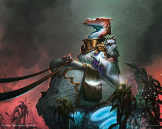 anthro armor bag female looking_aside low-angle_view magic palm_tree plant red_body red_scales salt scales smoke solo tree marc_escachx fantasy_flight_games keyforge mythology ambient_bird dragon mythological_creature mythological_scalie scalie digital_media_(artwork) hi_res official_art