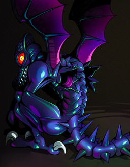 anthro butt male membrane_(anatomy) membranous_wings purple_body rear_view red_sclera sharp_teeth solo tail teeth wings yellow_eyes wildragon metroid mythology nintendo ridley alien dragon mythological_creature mythological_scalie scalie space_dragon_(metroid) digital_media_(artwork)