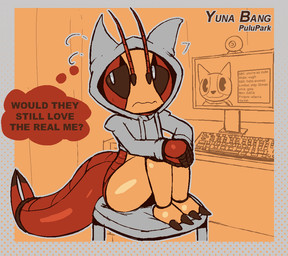 anthro camera chat clothing computer electronics female hoodie livestream solo text thought_bubble topwear webcam lizardfungus arthropod earwig insect english_text