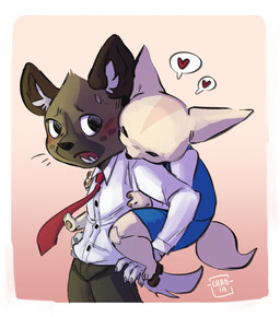 accessory anthro black_eyes blush bodily_fluids bottomwear carrying_another clothed clothing daww duo female fur happy heart_symbol inner_ear_fluff male markings necktie open_mouth pants piggyback shirt shocked simple_background size_difference slim spots spotted_body spotted_fur topwear tuft underbite chadw aggretsuko sanrio fenneko haida_(aggretsuko) canid canine fennec_fox fox hyena mammal spotted_hyena true_fox 2019 hi_res