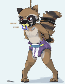anthro bdsm biped bodily_fluids bondage bound brown_body brown_fur bulge clean_diaper clothed clothing crying diaper diaper_only drooling erection erection_in_diaper fur gag gagged hands_behind_back key male muzzle_(object) muzzled object_in_mouth pacifier pacifier_gag pacifier_in_mouth pacifier_muzzle_gag saliva shaking simple_background solo tears tenting topless wearing_diaper whining kuuneho guardians_of_the_galaxy marvel rocket_raccoon mammal procyonid raccoon absurd_res digital_media_(artwork) hi_res