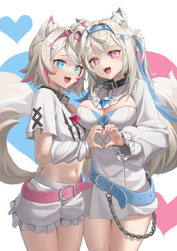 accessory animal_ears band-aid bandage bare_legs belt big_breasts blonde_hair blue_eyes blue_nails blush breast_squish breasts chain_accessory choker cleavage clothed clothing colored_nails crop_top fake_horns fangs female fluffy_ears gesture hair hair_accessory hand_on_another's_waist heart_background heart_eyes heart_gesture heart_symbol highlights_(coloring) jewelry long_hair looking_at_viewer microdress nails navel necklace open_mouth pink_eyes pink_nails raised_tail shirt short_hair simple_background small_breasts squish tail teeth topwear white_clothing white_crop_top white_topwear hanho hololive hololive_en vtuber fuwawa_abyssgard mococo_abyssgard animal_humanoid canid canid_humanoid canine canine_humanoid dog_humanoid humanoid mammal mammal_humanoid absurd_res hi_res