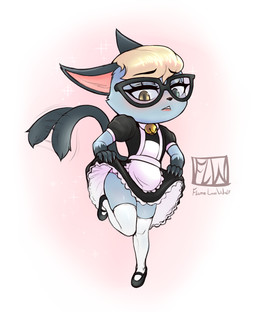 anthro bell bell_collar blonde_hair blush chibi clothed clothing collar crossdressing dress eyewear femboy footwear fur glasses grey_body grey_fur hair heterochromia legwear lips lipstick maid_uniform makeup male panties simple_background solo stockings tail tail_motion tailwag thick_thighs underwear uniform flame-lonewolf animal_crossing nintendo raymond_(animal_crossing) domestic_cat felid feline felis mammal hi_res