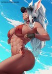 abs athletic athletic_female bikini breasts clothing female hair nipple_outline ponytail side-tie_bikini solo string_bikini swimwear text two-piece_swimsuit visor white_hair araneesama my_hero_academia rumi_usagiyama animal_humanoid humanoid lagomorph lagomorph_humanoid leporid_humanoid mammal mammal_humanoid quirked_human_(my_hero_academia) rabbit_humanoid 2023 hi_res url