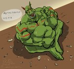 abdominal_bulge anthro belly big_belly dialogue ear_piercing ear_ring fully_inside green_body green_skin long_ears male male_pred muscular muscular_male open_mouth piercing ring_piercing sharp_teeth teeth text tongue tusks vore wolfsecret equid equine horse humanoid hybrid mammal orc english_text