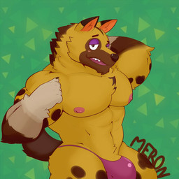 5_fingers anthro blush brown_body brown_fur bulge chest_tuft claws clothed clothing fingers fur genitals half-closed_eyes hand_behind_head looking_at_viewer male muscular muscular_anthro muscular_male narrowed_eyes nipples open_mouth pattern_background pecs penis penis_base pink_nipples purple_clothing purple_underwear simple_background solo teeth topless tuft underwear merong animal_crossing nintendo kyle_(animal_crossing) canid canine canis mammal wolf 1:1