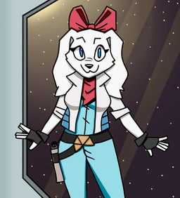 anthro blaster blue_eyes bow_tie clothing female fingerless_gloves flight_jacket flight_suit fur gloves handwear holster looking_at_viewer scarf smile solo space white_body white_fur window randomriot anonymous_colorist nintendo star_fox fay_(star_fox) bird_dog canid canine canis domestic_dog hunting_dog mammal spaniel hi_res