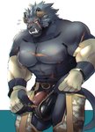 anthro barely_contained belt black_body black_fur blush camo camo_print clothing fingerless_gloves fur genitals gloves grey_hair hair handwear horn kemono male muscular muscular_anthro muscular_male nipples pecs penis scar solo zipper zipping_up k0bit0wani lifewonders tokyo_afterschool_summoners krampus_(tas) felid lion mammal pantherine hi_res