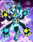 3_eyes 4_arms anthro blue_body blue_eyes blue_hair collar female hair moon multi_arm multi_eye multi_limb navel pink_eyes solo star tail wings yellow_eyes lewdchuu_(artist) nintendo pokemon pyon_(lewdchuu) alien generation_4_pokemon hybrid lucario pokemon_(species) hi_res