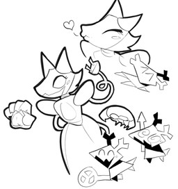 5_fingers ^_^ ambiguous_gender anthro blush blush_stickers duo electrical_plug_tail eyelashes eyes_closed female fingers floating_hands happy heart_symbol long_eyelashes puckered_lips simple_background smile spiral spiral_eyes white_background bigsteppies deltarune undertale_(series) tasque_manager darkner felid feline mammal robot_anthro virovirokun black_and_white monochrome