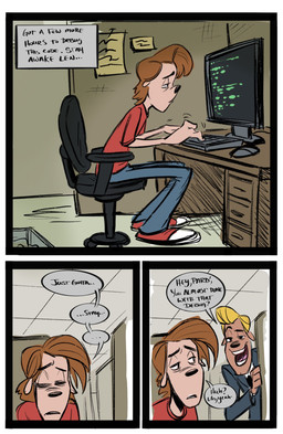 anthro blonde_hair border bottomwear brown_hair chair clothed clothing computer duo electronics footwear fully_clothed furniture hair inside male office office_chair pants shirt shoes sitting t-shirt text topwear white_border trashbinpanda disney goof_troop canid canine canis domestic_dog mammal comic english_text hi_res