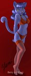 anthro biped blue_body blue_fur blue_hair bra breasts clothed clothing collar female fur hair hands_behind_back legwear lingerie looking_at_viewer midriff open_mouth panties pink_nose pose pupils raised_tail red_background seductive simple_background skimpy slit_pupils solo standing stockings tail underwear yellow_eyes devilkitten_yami domestic_cat felid feline felis mammal