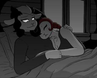anthro bed bed_sheet bedding clothing duo female female/female furniture hair hand_on_shoulder hug hugging_another looking_at_another monochrome_hair pillow shirt sleeping smile tank_top topwear under_covers fritz_rukin cosette_d'blanc_(a_wolf_in_sheep's_clothing) mercredi_mort_(a_wolf_in_sheep's_clothing) bovid caprine lagomorph mammal sheep