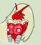 anthro big_breasts breasts eyelashes female glistening glistening_body hair happy nipples solo text white_nipples allannocte nintendo pokemon blaziken generation_3_pokemon pokemon_(species) artist_name hi_res signature