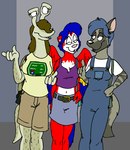 blue_hair bottomwear brown_hair clothing female group hair overalls shorts trio tabbiewolf adeline_(tabbiewolf) thursday_(tabbiewolf) tricia_(tabbiewolf) avian bird gastropod hybrid hyena macaw mammal mephitid mollusk neotropical_parrot parrot skunk snail true_parrot