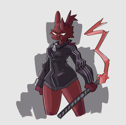 anthro clothing explosives female jacket mature_female red_body simple_background solo topwear weapon white_background white_eyes zipper restinpeeps adidas rain_world videocult artificer_(rain_world) slugcat hi_res