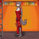 accessory anthro breasts choker clothed clothing dress exposed_leg exposure_variation feather_in_hair feathers female hair hair_accessory jewelry necklace red_clothing red_dress single_strap single_strap_clothing single_strap_dress solo veil conditional_dnp giftheck beastars juno_(beastars) canid canine canis mammal wolf hi_res