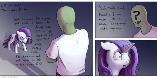 ?_face angry blue_eyes clothed clothing cutie_mark duo fail female floppy_ears green_body green_skin hair horn male open_mouth purple_hair simple_background smile text vulgar white_body wide_eyed worried rhorse friendship_is_magic hasbro my_little_pony mythology anon rarity_(mlp) equid equine human mammal mythological_creature mythological_equine unicorn comic english_text signature