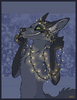 5_fingers anthro black_nose blue_border border christmas_decorations christmas_lights claws fingers fur gloves_(marking) green_eyes grey_body grey_fur grin holding_object humanoid_hands male markings nude smile snout solo string_lights tail teeth ssirrus canid canine canis domestic_dog mammal 2004 archived_source digital_drawing_(artwork) digital_media_(artwork) half-length_portrait portrait shaded