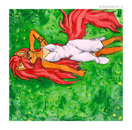 anthro arm_markings arm_tattoo biped breasts brown_eyes clothed clothed_anthro clothed_female clothing day dress ear_piercing facial_piercing female floppy_ears flower front_view fully_clothed fur furgonomic_piercing furgonomics grass grass_field hair looking_at_viewer lying lying_on_grass lying_on_ground markings muzzle_piercing nose_piercing on_back on_grass on_ground orange_body orange_fur piercing plant red_hair red_tail solo tail tattoo white_clothing white_dress goodgudvin apogee_(tinygaypirate) canid canine canis domestic_dog mammal absurd_res hi_res traditional_media_(artwork)