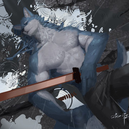 anthro black_bottomwear black_clothing black_pants blue_body blue_fur bottomwear clothed clothing eyes_closed front_view fur holding_melee_weapon holding_object holding_sword holding_weapon inner_ear_fluff lying male melee_weapon muscular muscular_anthro muscular_male neck_tuft on_back pants puddle raining solo sword topless tuft weapon white_body white_fur white_inner_ear_fluff awaldkize canid mammal 1:1 absurd_res hi_res