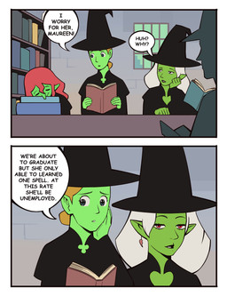 book bookshelf clothing dialogue female furniture green_body green_skin group hair hat headgear headwear inside library magic_user open_book red_eyes red_hair sleeping speech_bubble text witch witch_hat bonnymama7 elphaba_(bonnymama7) eve_(bonnymama7) maureen_(bonnymama7) humanoid absurd_res comic english_text hi_res