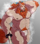 5_fingers anthro asian_clothing beard biceps biped black_nose bodily_fluids body_hair chest_hair clothed clothing east_asian_clothing eyebrows eyes_closed facial_hair fingers fundoshi fundoshi_only fur hair humanoid_hands japanese_clothing long_hair male muscular muscular_anthro muscular_male muscular_thighs navel nipples orange_beard orange_eyebrows orange_facial_hair orange_hair orange_pubes pecs pubes solo sweat tan_body tan_fur thick_eyebrows tied_hair topless triceps underwear underwear_only white_clothing white_fundoshi white_underwear dendoro asian_mythology east_asian_mythology japanese_mythology mythology sdorica toyokuni foo_dog komainu mammal yokai 2023 colored hi_res