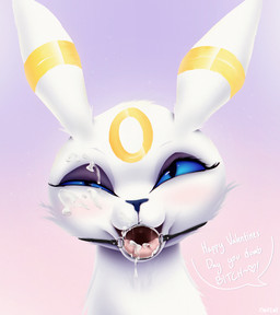 blue_eyes blush bodily_fluids cum cum_in_mouth cum_inside cum_on_eye cum_on_face feral fur gag gagged genital_fluids looking_at_viewer male markings solo text white_body white_fur naircat nintendo pokemon trig eeveelution generation_2_pokemon pokemon_(species) umbreon english_text hi_res portrait