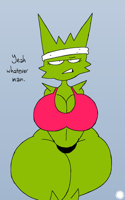 anthro big_breasts breasts clothed clothing crop_top crossgender curvy_figure dialogue eyelashes female green_body hourglass_figure logo shirt solo spherical_breasts sweatband text thick_thighs thong topwear underwear wide_hips thatdawgmurray adult_swim aqua_teen_hunger_force cartoon_network emory_(athf) alien plutonian_(athf) absurd_res aliasing artist_logo artist_name digital_media_(artwork) english_text hi_res signature