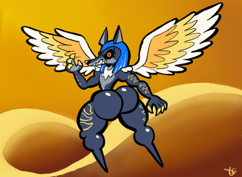 angry anthro big_butt black_sclera blue_hair butt claws countershade_ears countershade_face countershade_hands countershade_torso countershading desert dunes egyptian feathered_wings feathers featureless_feet feet femboy grey_hair hair male markings nude orange_eyes pointy_ears sharp_teeth sky solo teeth thick_thighs uberjackal_(invizimals) white_body white_feathers wings yellow_body yellow_claws yellow_feathers yellow_markings yellow_sky orangedo69 egyptian_mythology invizimals middle_eastern_mythology mythology canid canine canis jackal mammal watermark
