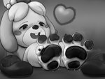 3_toes 4:3 animal_crossing anthro barefoot bodily_fluids canid canine canis claws domestic_dog extreme_size_difference feet female fooooly foot_fetish foot_focus gentle_giant isabelle_(animal_crossing) love mammal micro monochrome nano nintendo pawpads paws shih_tzu size_difference smelly smelly_feet soles solo sweat toe_claws toes toy_dog worship