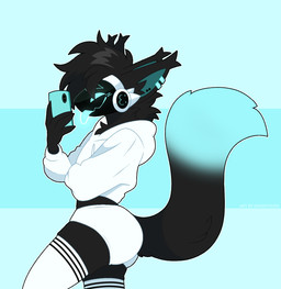 anthro clothing ear_piercing femboy legwear machine male piercing solo standing thigh_highs tongue tongue_out dignotions void_(voiddeveloper) protogen hi_res