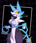 anthro breasts clothing collar_shirt female holding_tail machine pattern_background simple_background solo spiked_tail spikes spikes_(anatomy) tail chuyy deltarune undertale_(series) tasque_manager robot digital_media_(artwork) hi_res pixel_(artwork) signature