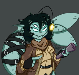 anglerfish_lure anthro aqua_body bag belt black_hair black_stripes brown_cloak brown_clothing brown_scarf clawed_hands claws cloak clothing coat crossgender ear_fins eyelashes fangs female fin fish_tail flashlight freckles glowing glowing_eyes glowing_lure green_body grey_background hair hair_over_eye holding_flashlight holding_object looking_at_viewer markings membrane_(anatomy) messy_hair satchel scales scarf sharp_teeth short_hair simple_background smile smug solo striped_markings striped_tail stripes tail tail_markings tan_clothing tan_coat tan_topwear teal_body teeth topwear webbed_hands white_eyes spaidynator pressure_(roblox) sebastian_solace_(pressure) anglerfish aquatic fish holding_(disambiguation) colored digital_media_(artwork) half-length_portrait line_art portrait signature sketch