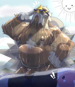 accident accidental_exposure ambiguous_gender anthro bodily_fluids brown_body brown_fur caught_off_guard duo exclamation_point eyewear eyewear_only flaccid foreskin fur genitals hair light long_hair looking_at_viewer male musclegut muscular nude partially_submerged penis sea sunglasses sunglasses_only sunlight surprised underwater underwater_view water wet wet_body wet_fur wet_penis bad_bovine nintendo pokemon entei generation_2_pokemon generation_3_pokemon legendary_pokemon luvdisc pokemon_(species) shiny_pokemon absurd_res hi_res