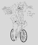 anthro bicycle bodily_fluids bottomwear clothing female food shorts solo sweat text vehicle mkiiisystem june_(jinu) canid canine canis domestic_dog mammal shiba_inu spitz monochrome