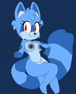 anthro big_tail black_nose blue_body blue_ears blue_fur blue_hair blue_hands blue_tail eyebrows eyelashes female female_anthro fingers fluffy fluffy_tail fur hair huge_tail looking_at_viewer markings nude paws ring_(marking) ringed_tail solo striped_markings striped_tail stripes tail tail_markings tail_motion tailwag tuft two_tone_tail ravrous mammal procyonid raccoon hi_res