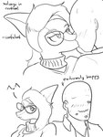 anthro bald blush bodily_fluids bone_frill clothing duo eyelashes eyewear female female_on_human frill_(anatomy) glasses hair human_on_anthro interspecies jacket kiss_mark kiss_mark_on_face kissing long_hair male male/female male_on_anthro smile snout sweat sweatdrop text topwear arsenic_iii cavemanon_studios snoot_game anon_(snoot_game) fan_character zephyr_(op_gero) dinosaur hadrosaurid human mammal ornithischian ornithopod parasaurolophus prehistoric_species reptile scalie 2023 black_and_white english_text hi_res monochrome