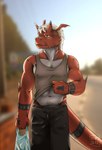 anthro anthrofied bag bottomwear claws clothed clothing horn male navel pants pecs public raised_clothing raised_shirt raised_topwear shirt solo tail tank_top topwear yellow_eyes kenobear bandai_namco digimon digimon_(species) growlmon 2020 hi_res