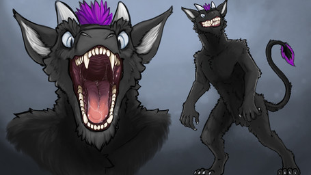 anthro arm_tuft black_body black_fur blue_eyes bodily_fluids cheek_tuft elbow_tuft facial_tuft fangs featureless_crotch front_view fur glistening glistening_eyes grin horn male mouth_shot neck_tuft nude open_mouth pupils red_tongue saliva saliva_on_tongue saliva_string shoulder_tuft slit_pupils smile solo standing tail teeth tongue tuft unsigned white_horn acidic species_request 16:9 full-length_portrait portrait widescreen