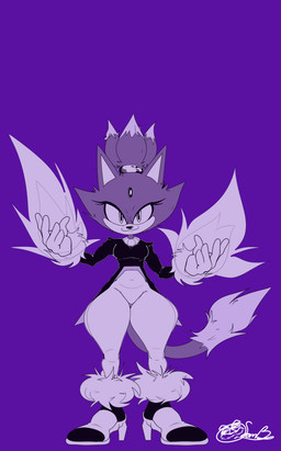 anthro black_clothing black_footwear black_nose black_shoes black_topwear bottom_heavy bottomwear breasts clothed clothing dipstick_tail eyelashes female footwear forehead_gem front_view fur gem gloves handwear looking_at_viewer markings navel_outline purple_background purple_body purple_fur shoes simple_background small_breasts smile solo tail tail_markings thick_thighs topwear white_body white_bottomwear white_clothing white_fur white_gloves white_handwear wide_hips samthewhacker sega sonic_the_hedgehog_(series) blaze_the_cat domestic_cat felid feline felis mammal absurd_res hi_res